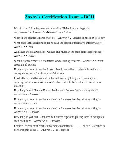 ZAXBY'S CERTIFICATION EXAM – BOH ACTUAL 2025/2026 QUESTIONS AND 100% CORRECT ANSWERS