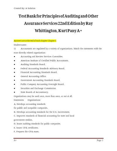 Test Bank for Principles of Auditing & Other Assurance Services (2024 Evergreen Release) by Ray Whittington & Kurt Pany – Multiple-Choice Questions with Verified Answers