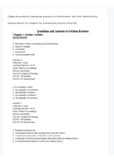 Solutions Manual For College Accounting A Contemporary Approach 6th Edition By Haddock, Price, Farina (All Chapters, Verified,)