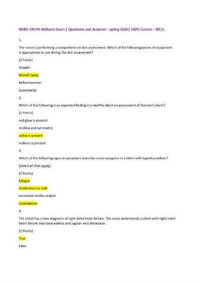 NURS 190 PA Midterm Exam | Questions and Answers – spring 2026| 100% Correct – WCU.