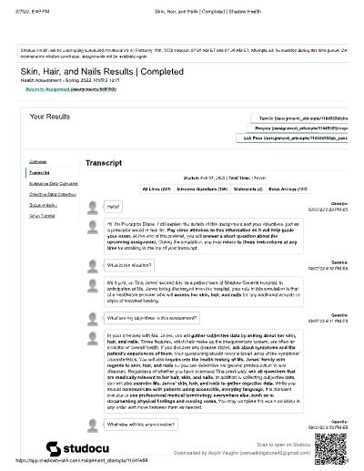 Summary Tina Jones Nursing Progress Notes skin, Hair and Nails Completed-Shadow Health