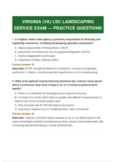 VIRGINIA (VA) LSC LANDSCAPING SERVICE FULL PACKAGE QUESTIONS ANSWERS AND RATIONALES