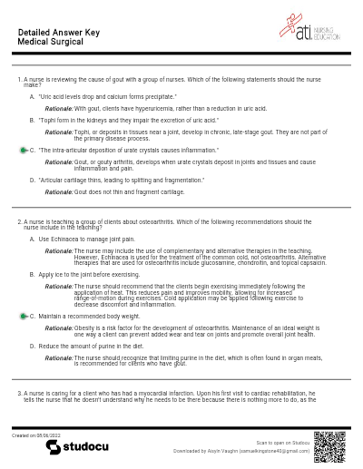 Detailed Answer Key For Medical Surgical Exam, A+ Solutions