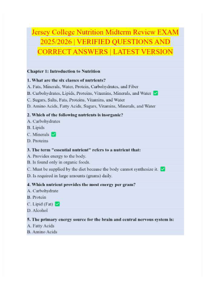 Jersey College Nutrition Midterm Review EXAM 2025/2026 | VERIFIED QUESTIONS AND CORRECT ANSWERS | LATEST VERSION