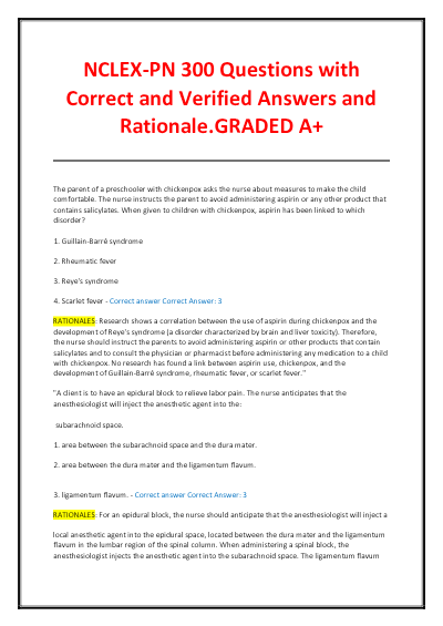 NCLEX-PN 300 Questions with Correct and Verified Answers and Rationale.GRADED +