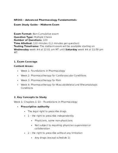 NR565 - Advanced Pharmacology Fundamentals Exam Study Guide - Midterm Exam