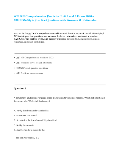 ATI PN Comprehensive Predictor Retake Exam 2026 | Level 3 Practice Questions and Answers with Rationales | Complete Review