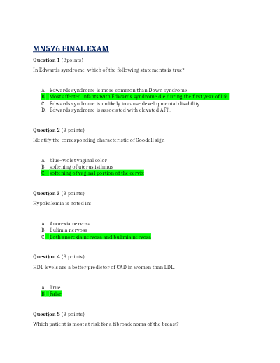 KAPLAN UNIVERSITY MN576  EXAM  QUESTIONS AND ANSWERS (GRADED A+)