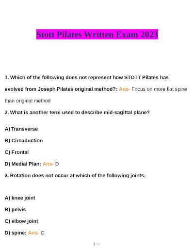 STOTT PILATES WRITTEN EXAM 2026/2027 | Complete Solution with Q&A | Ans