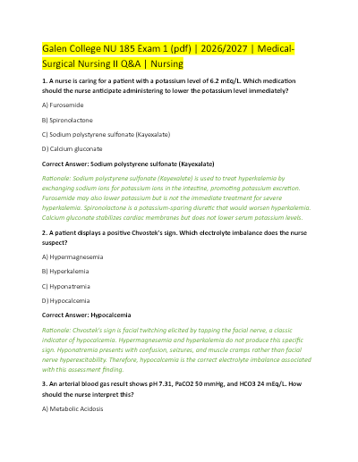 Exam 1: NU 185 / NU185 (Latest 2026 / 2027) Medical-Surgical Nursing II | 100% Correct Questions & Answers - Galen