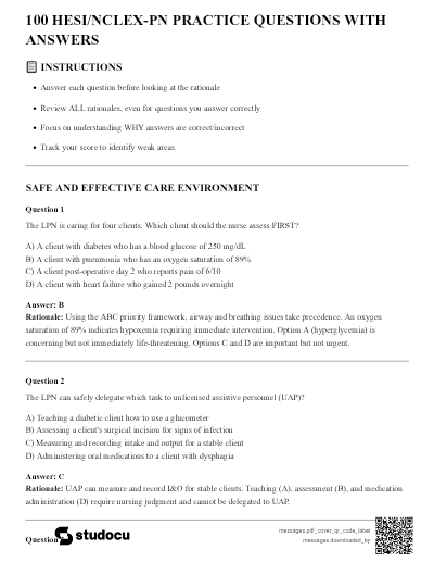 100 HESI/NCLEX-PN PRACTICE QUESTIONS WITH ANSWERS