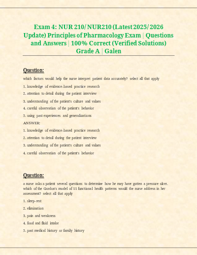 NUR 210 Exams 1-4 Galen Pharmacology – (2026) Actual Questions and Answers (PDF)