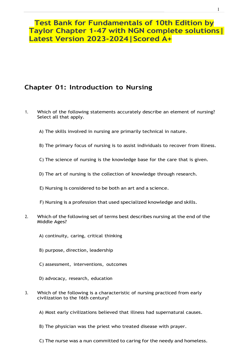 (2023) Test Bank for Fundamentals of Nursing 10th Edition by Taylor